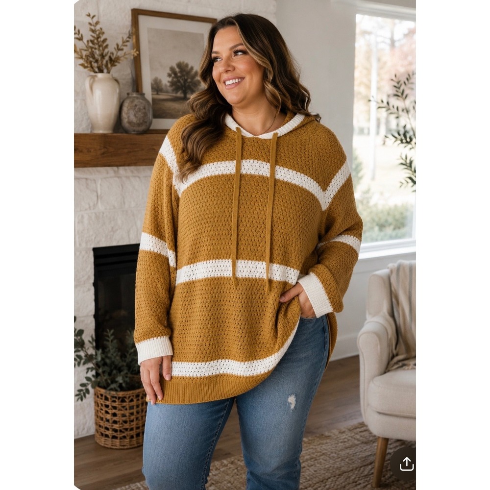 Caren Sport Womens 3X Mustard Yellow White Striped Knit Hoodie Sweater Pullover